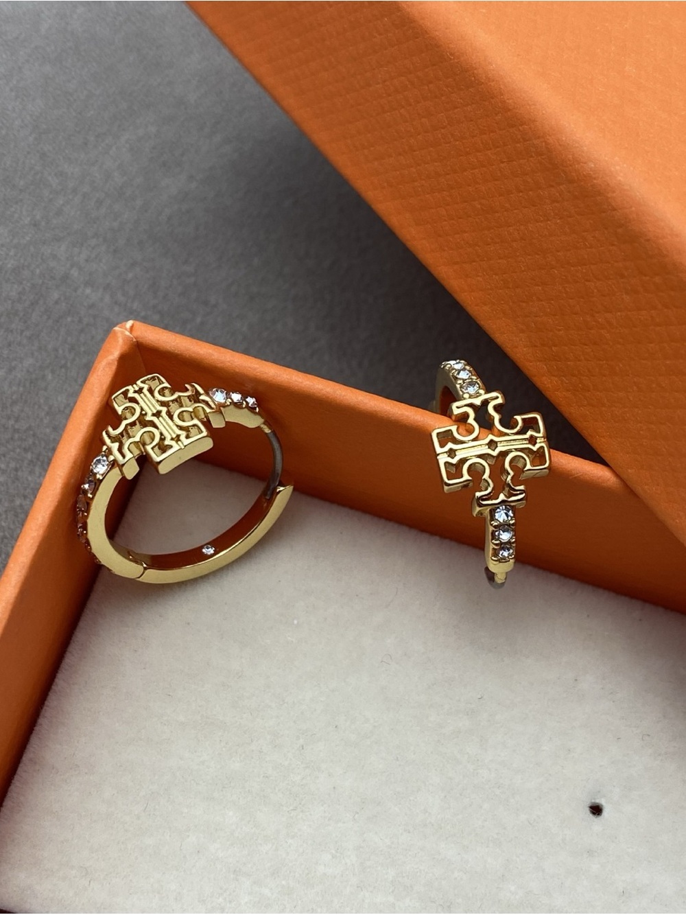 Tory Burch Gold Logo Crystal Huggie Earrings